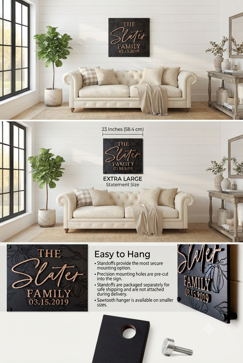 Luxury Modern Floral Engraved Square Family Sign