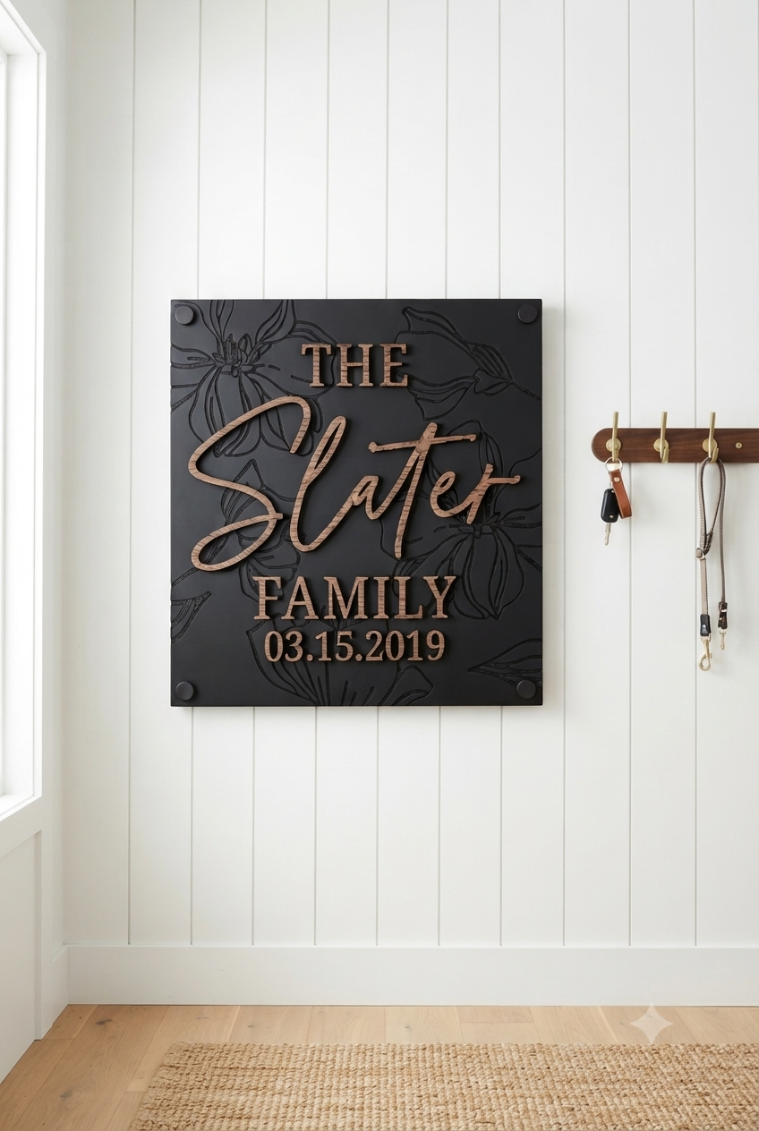 Luxury Modern Floral Engraved Square Family Sign
