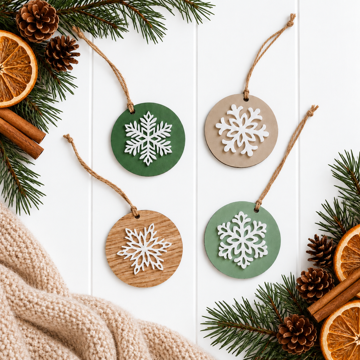 Set of round wooden snowflake ornaments with green and natural wood, white cutouts, twine hangers