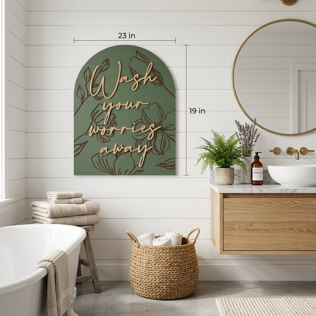 Arched green wall sign with gold and white &
