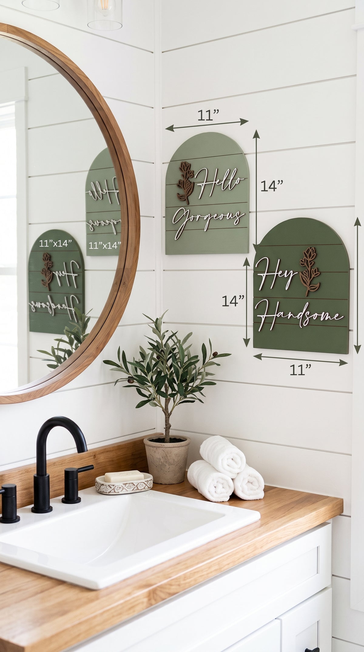 Arched wall art signs with leaf accents and cursive text; size labels 11 x 14 inches shown