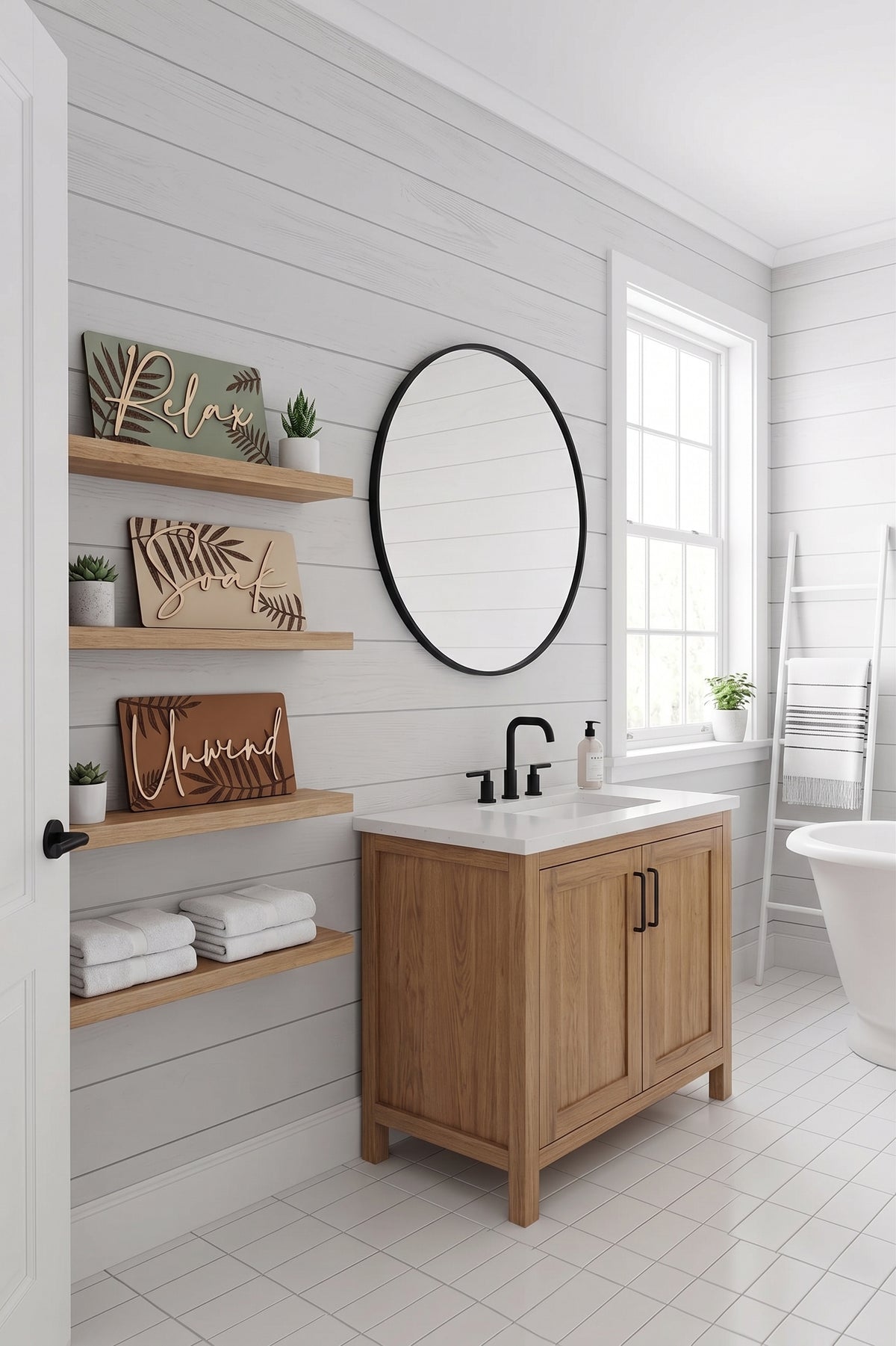 Botanical spa wall art with two dark panels, gold leaves, and script “Relax” and “Unwind”