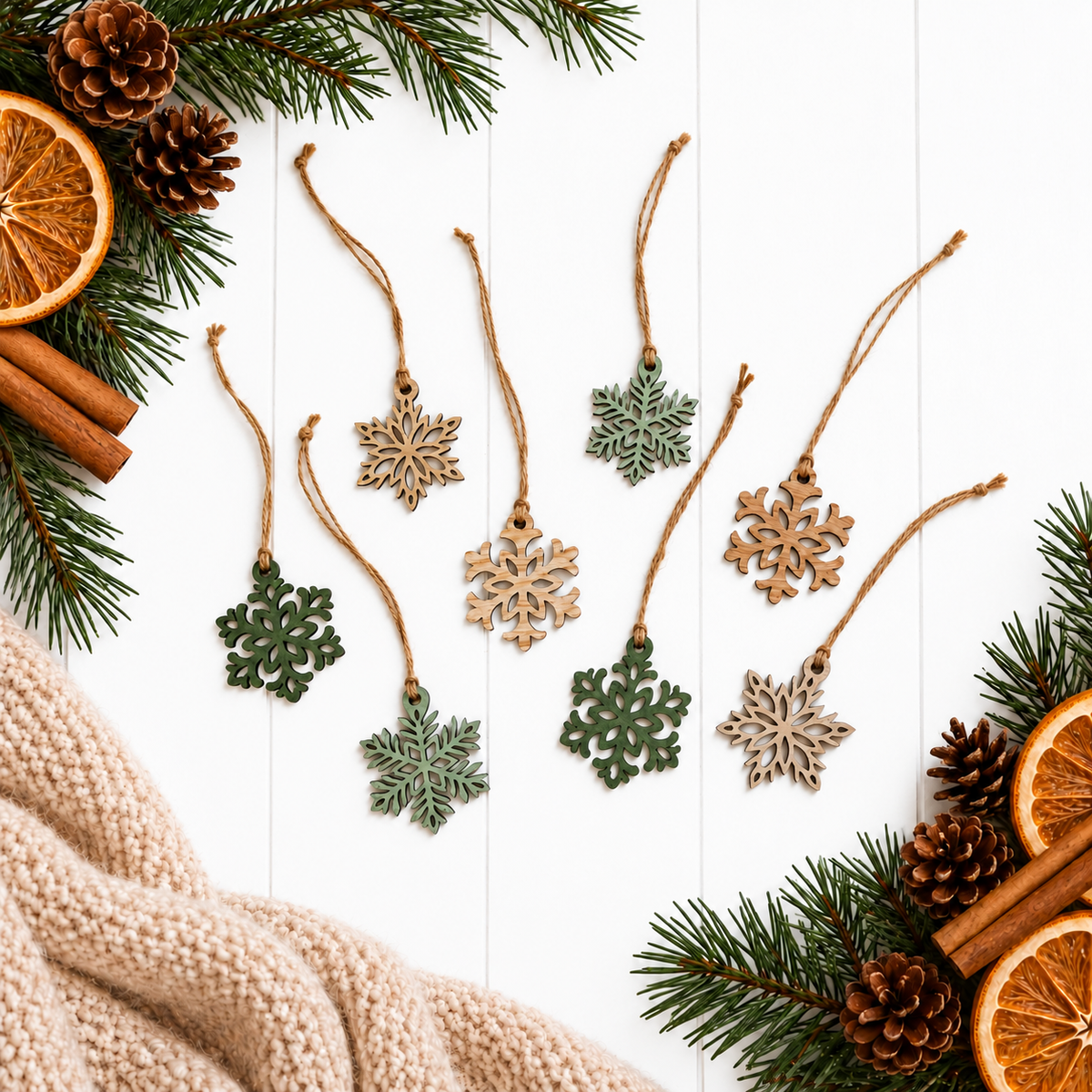 Hanging mini wooden snowflake ornaments with natural wood and green painted details.