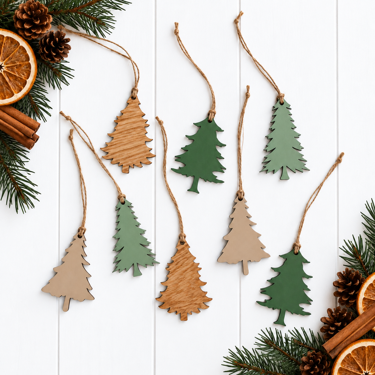 Wooden Christmas tree ornaments set in green, dark brown, and tan with twine loops