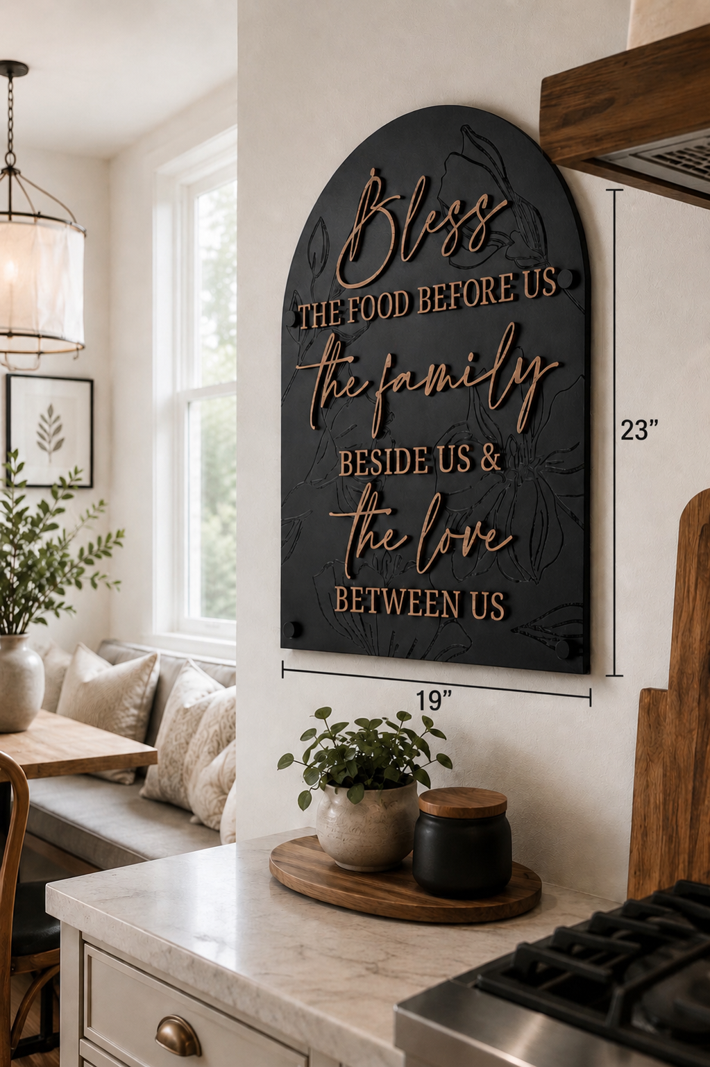 Arched real-wood kitchen wall sign, dark textured finish, gold script &