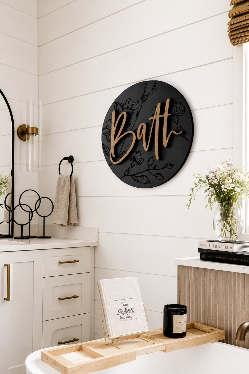 Circular bath wall sign with cursive &