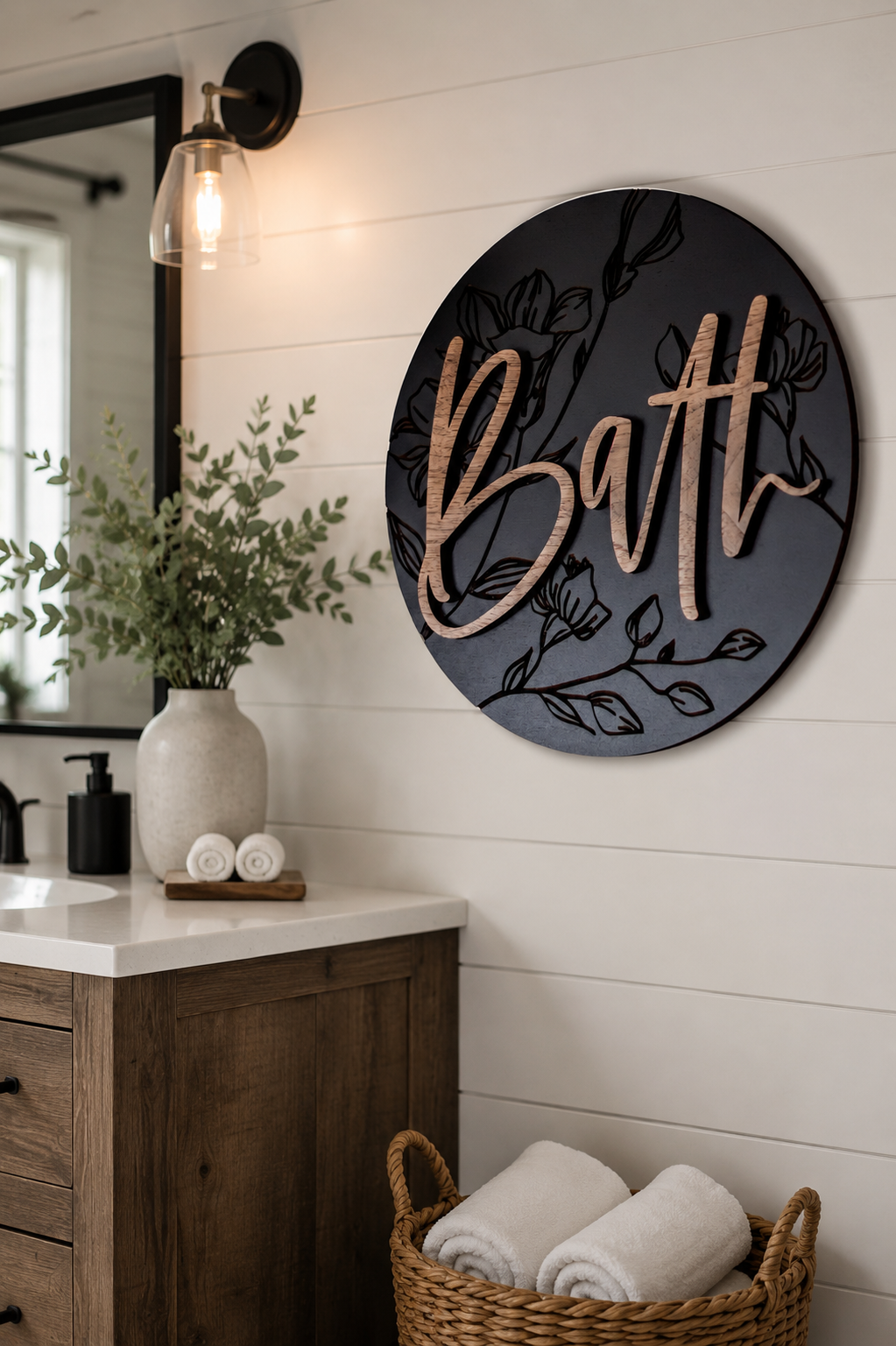 Round bath wall sign with cursive &