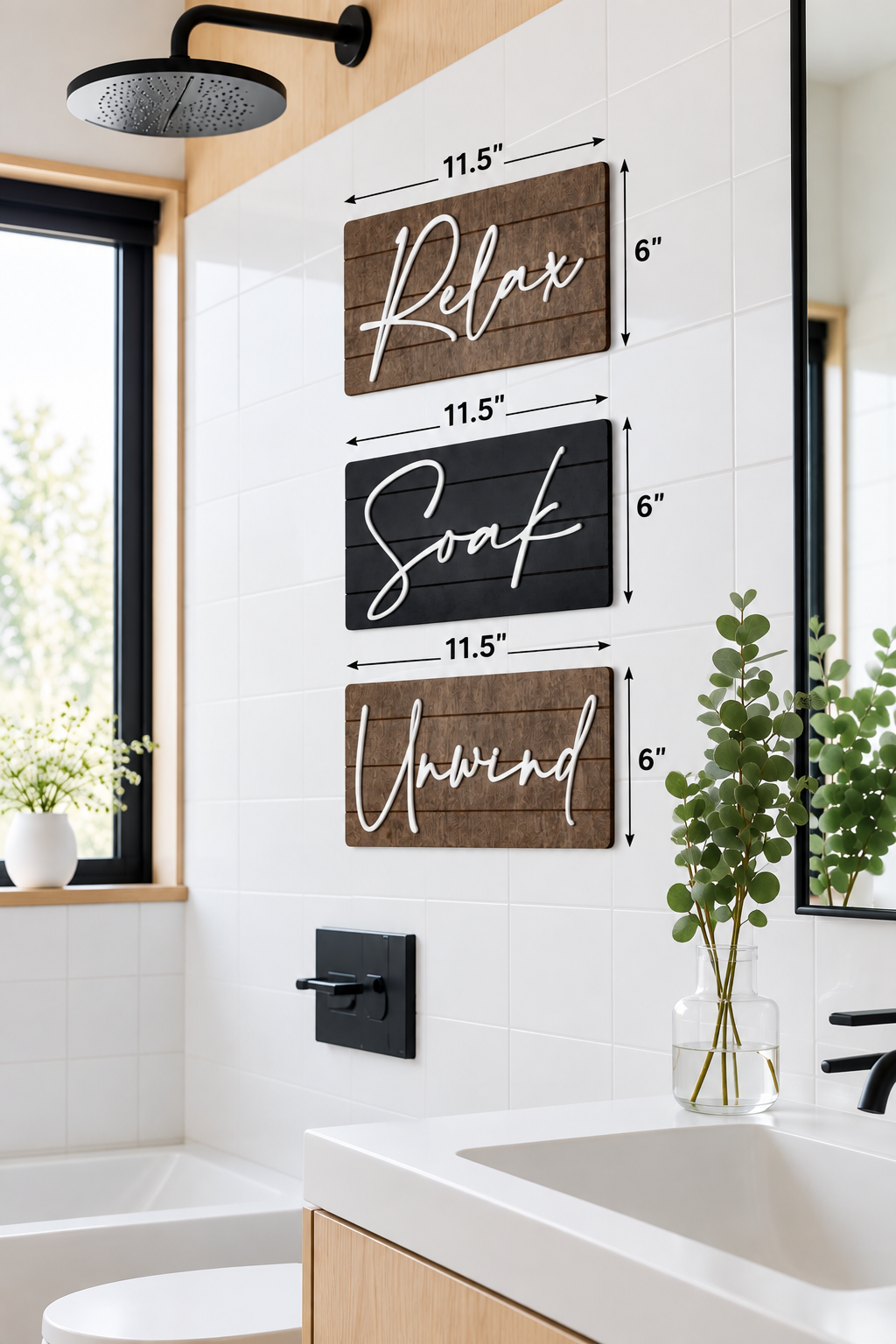 Bathroom wall shiplap panel with framed word signs: Relax, Soak, Unwind