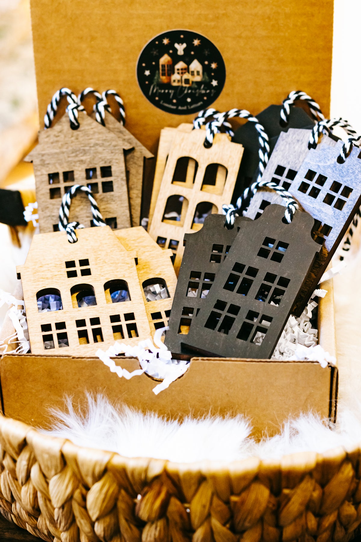 Hand-Stained Wooden House Christmas Ornaments | Timber & Ember Collection
