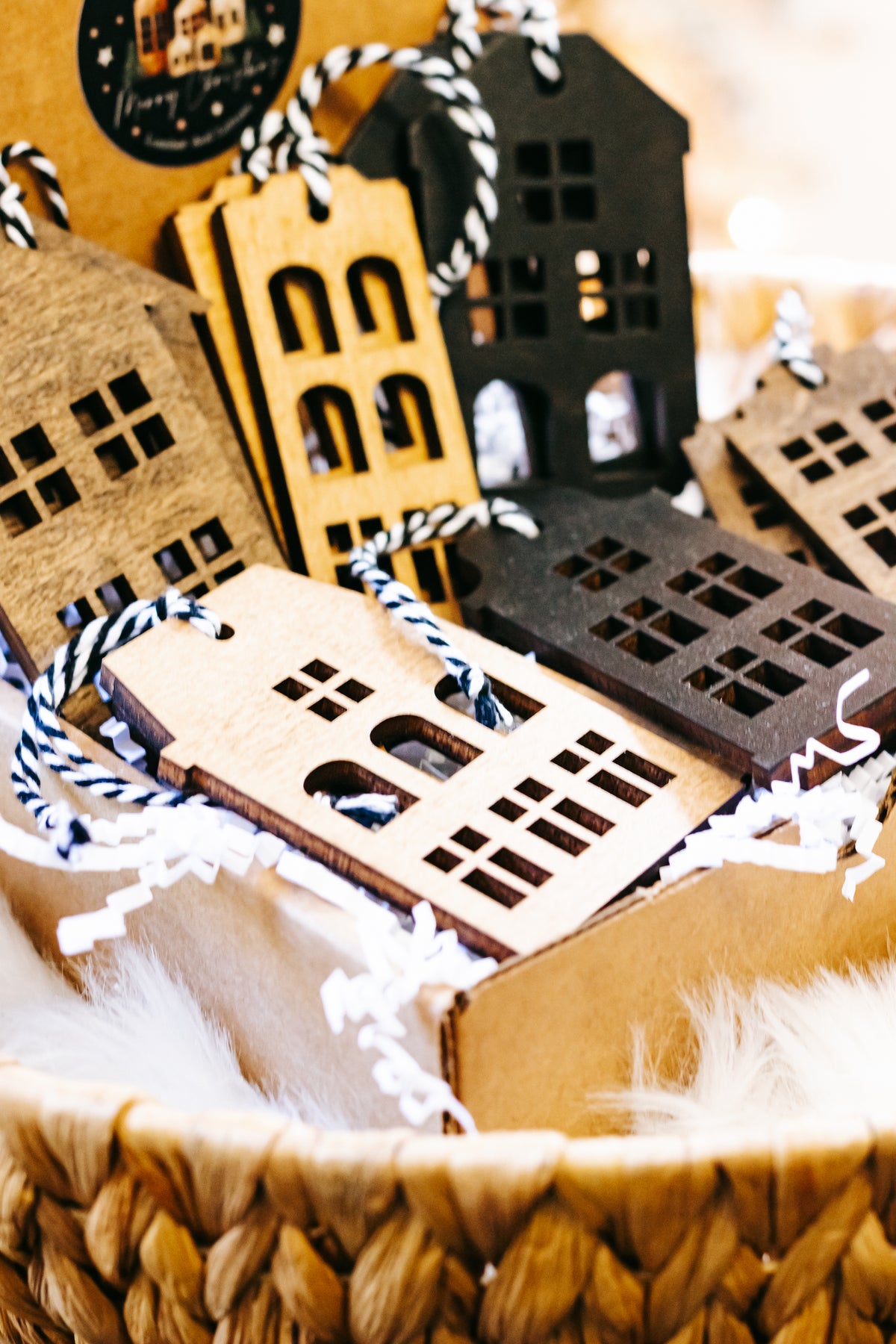 Hand-Stained Wooden House Christmas Ornaments | Timber & Ember Collection