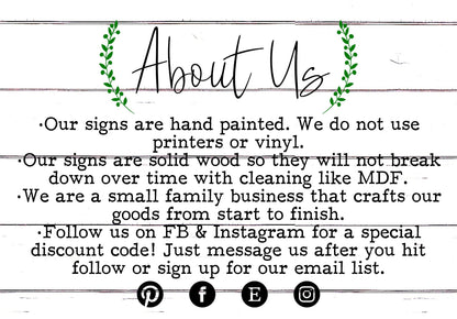 About Us card with wreath border and printed text