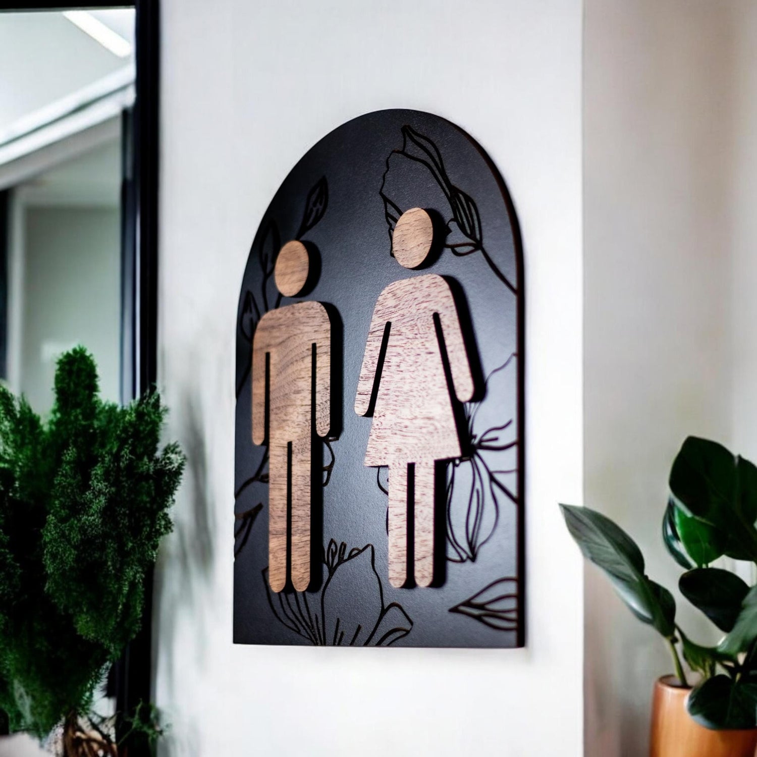 Modern Arch Floral Engraved Restroom Sign