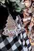 Personalized Christmas tree ornament tag on buffalo plaid stocking