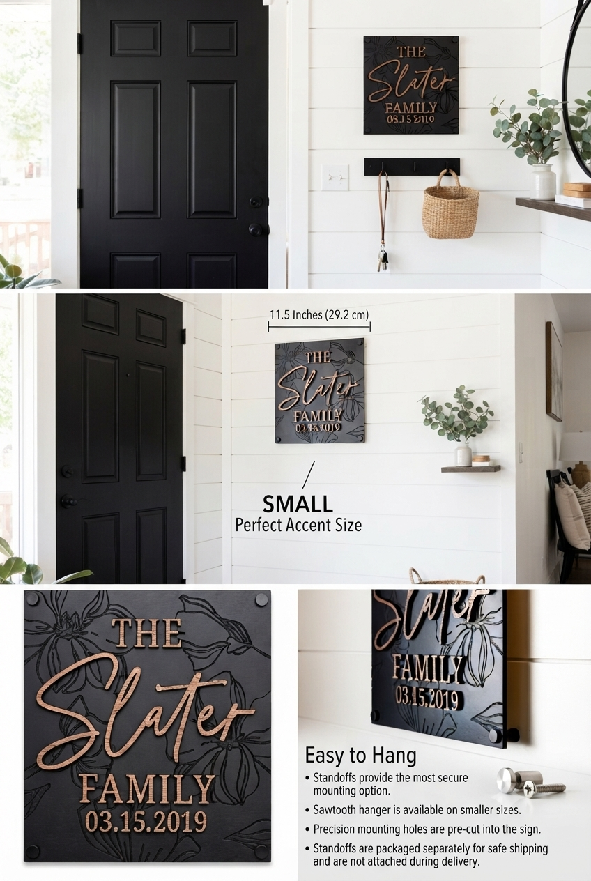 Luxury Modern Floral Engraved Square Family Sign