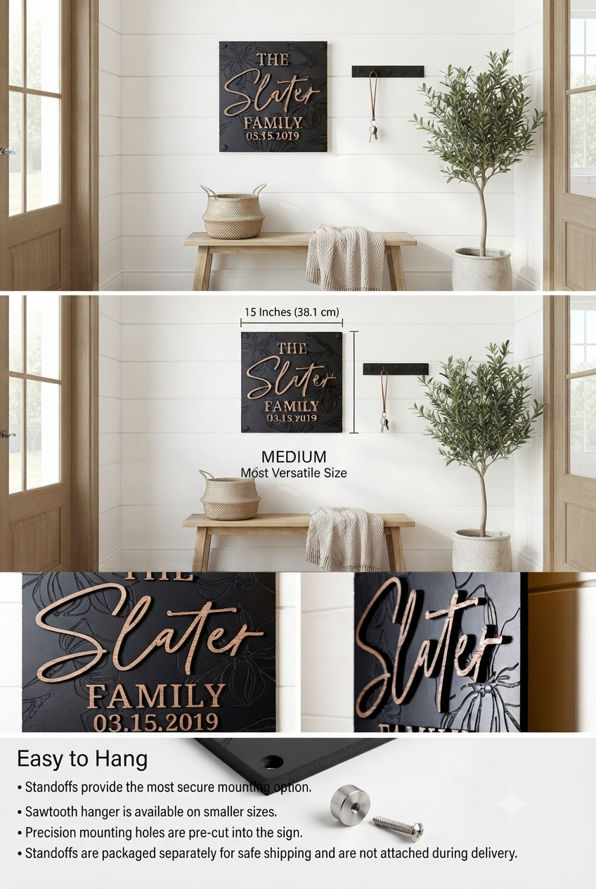 Luxury Modern Floral Engraved Square Family Sign