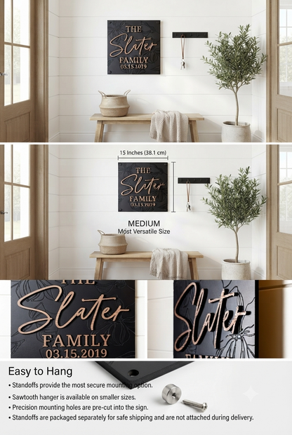 Luxury Modern Floral Engraved Square Family Sign