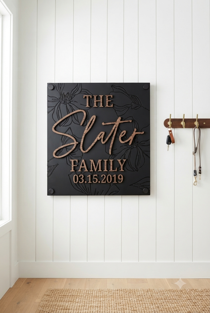 Luxury Modern Floral Engraved Square Family Sign