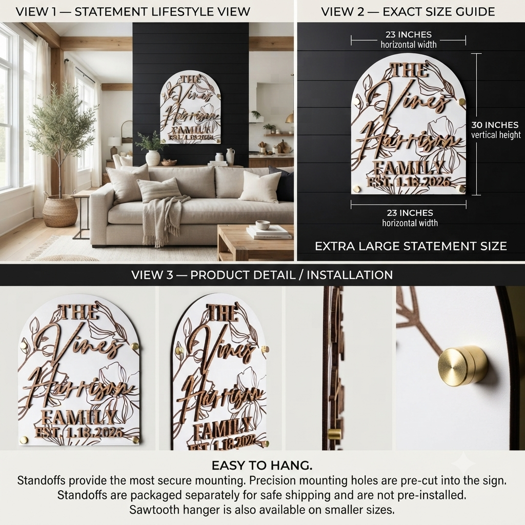Luxury Floral Engraved Arch Family Name Sign