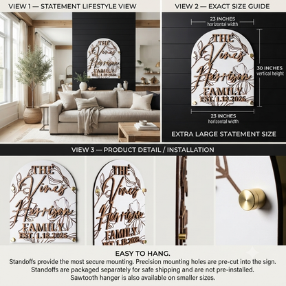 Luxury Floral Engraved Arch Family Name Sign