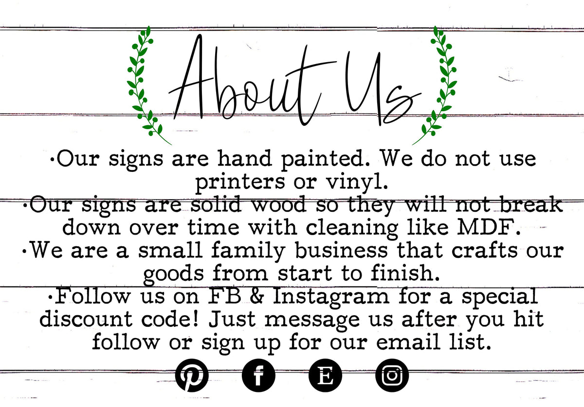 Printed about-us card with holiday details for the wooden ornament set