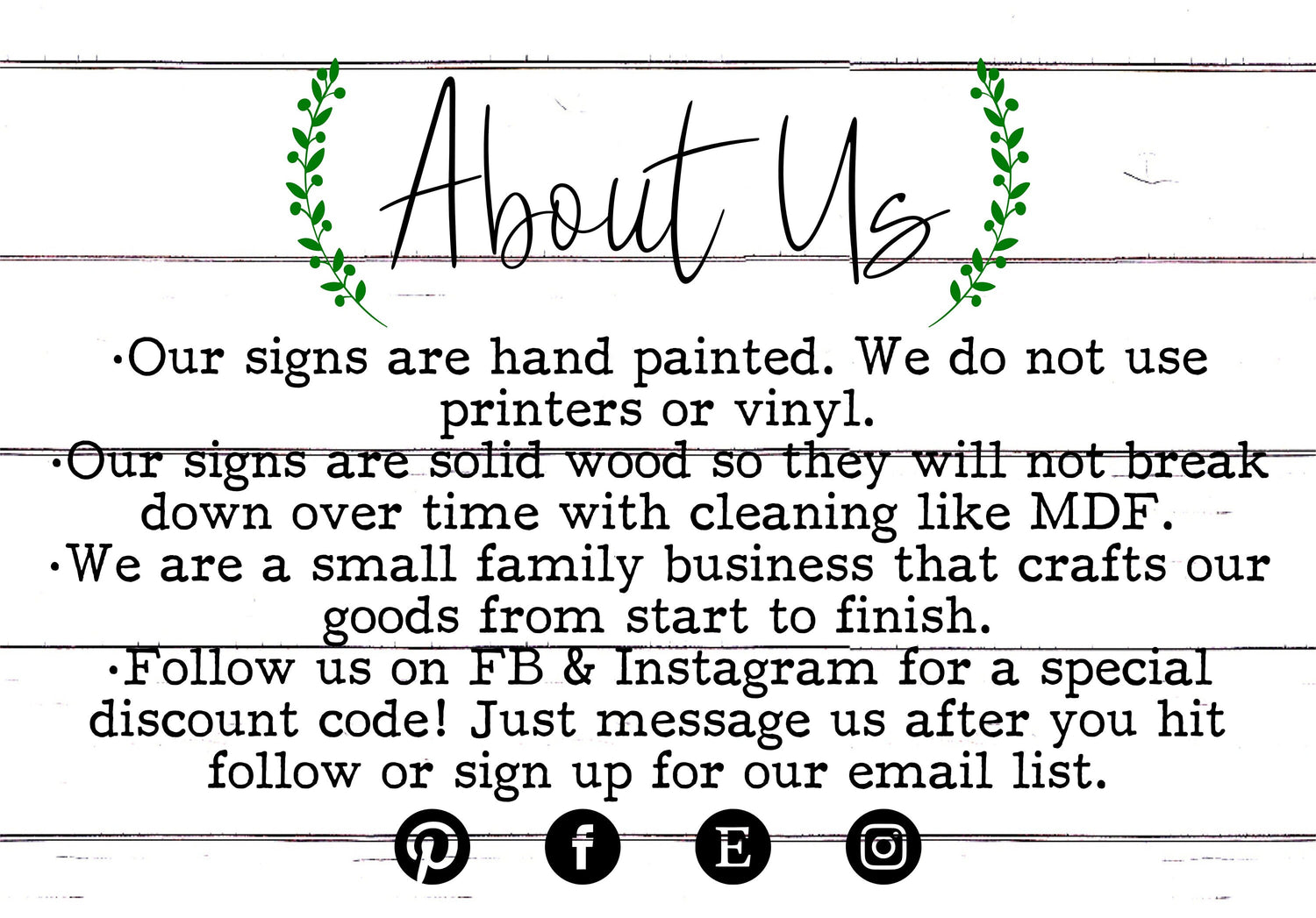 About Us card with green wreath design and text about hand-painted signs.