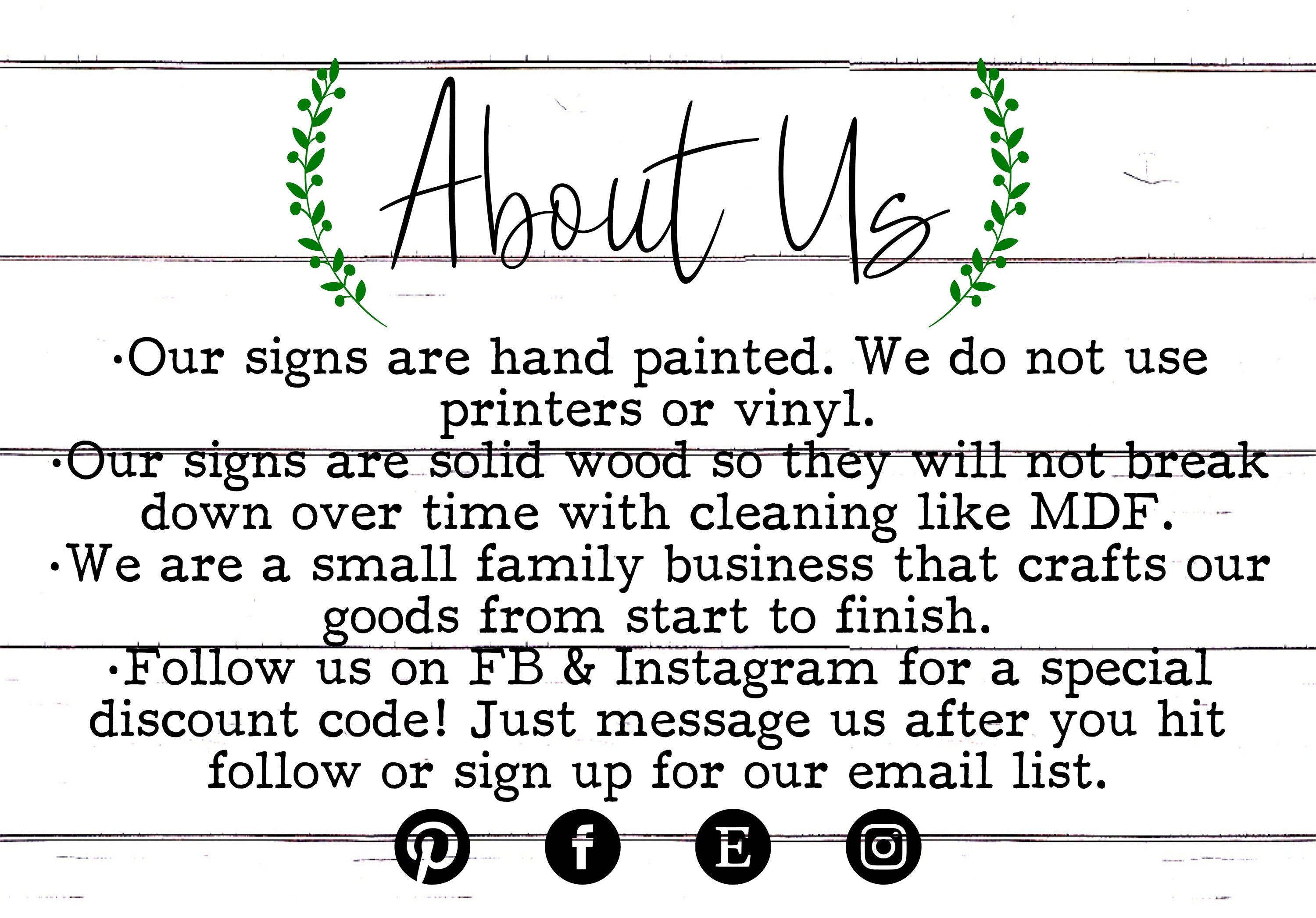 About Us card with green wreath design and text about hand-painted signs.