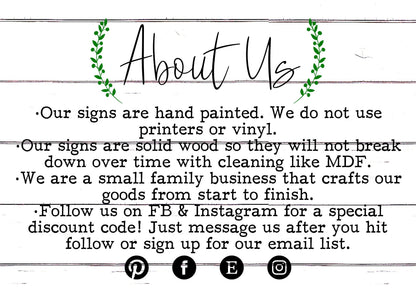 About Us card with green wreath design and text about hand-painted signs.