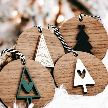 Set of 8 wooden ornaments: tree, star, heart and angel shapes on striped string hangers
