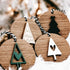 Set of 8 wooden ornaments: tree, star, heart and angel shapes on striped string hangers