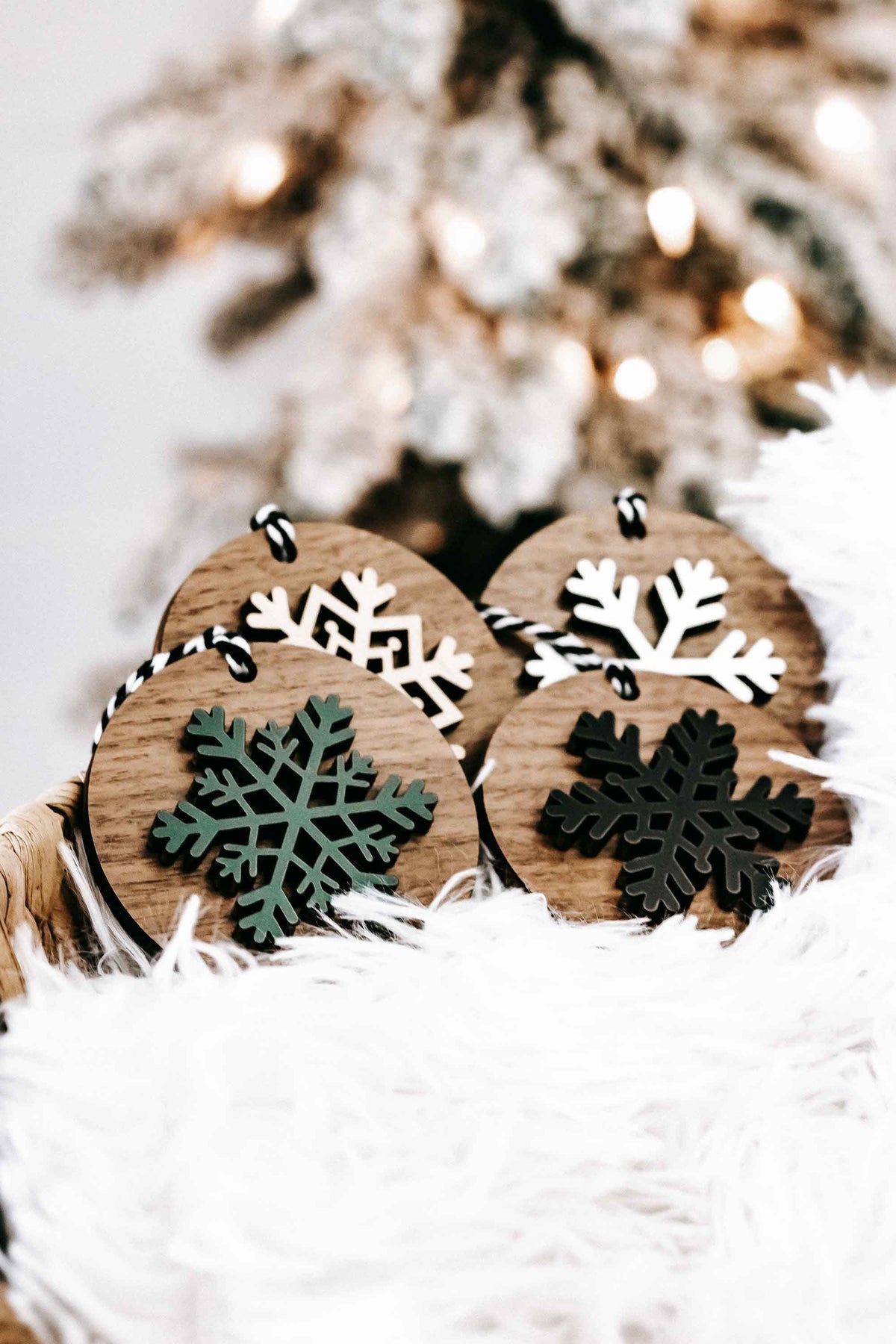 Wooden Christmas tree and snowflake ornaments with rope hangers, set of 8