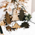 Set of rustic wooden Christmas tree ornaments with black-and-white striped hanging loops.
