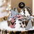 Wooden Christmas tree and house ornaments with heart cutouts in blush, white, and gray