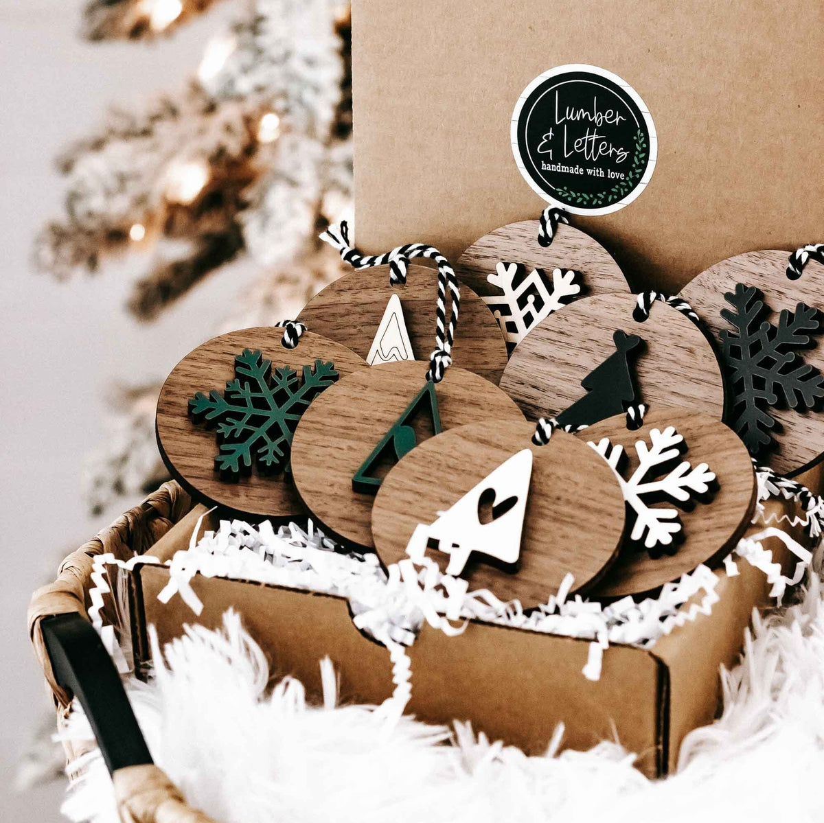 Walnut wood Christmas ornaments: trees, snowflakes, and stars with striped string ties