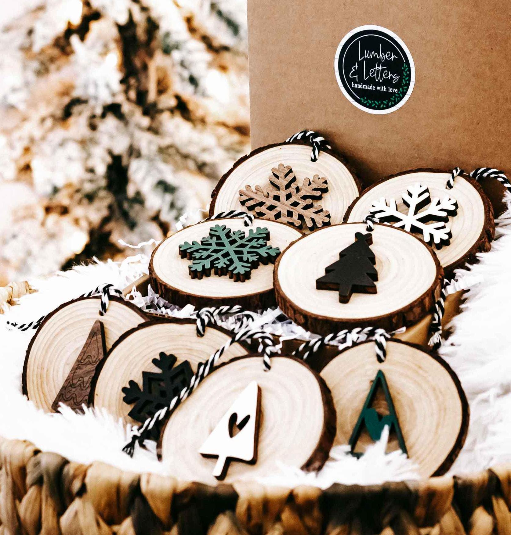 Wood slice Christmas ornaments set of 8 with snowflakes and trees, string hangers