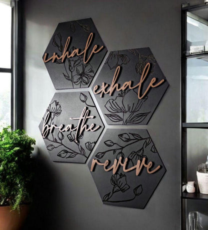 Lux Floral Engraved Hexagon Wooden Wall Art Set