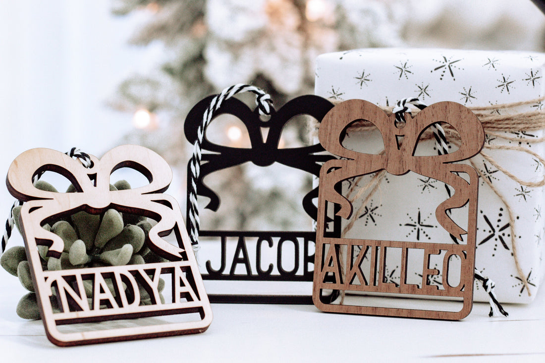 Wooden name ornaments set with &