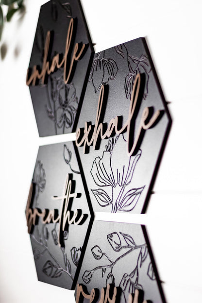 Lux Floral Engraved Hexagon Wooden Wall Art Set