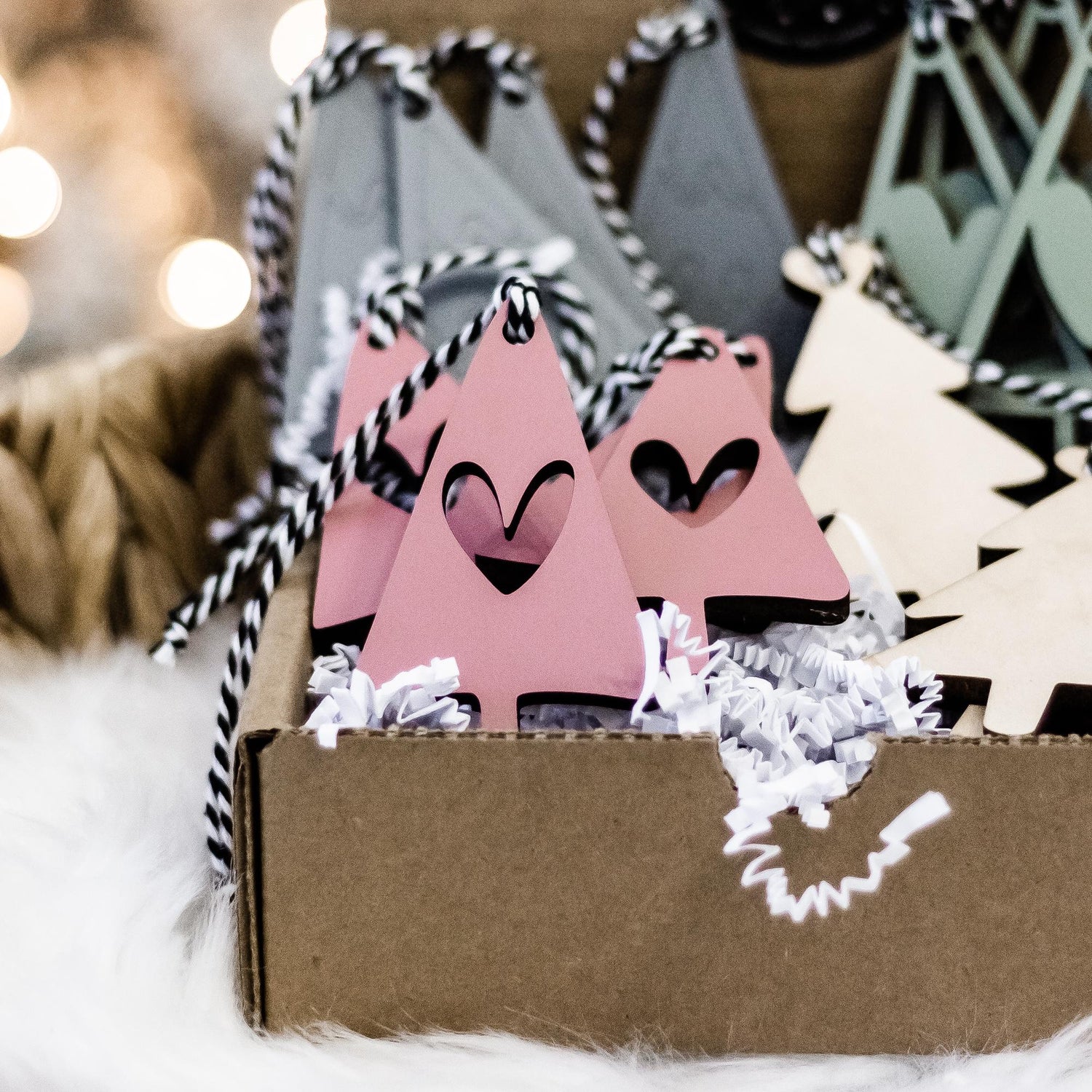 Boho Christmas ornament set in kraft box, blush pink, sage and white tree shapes with twine