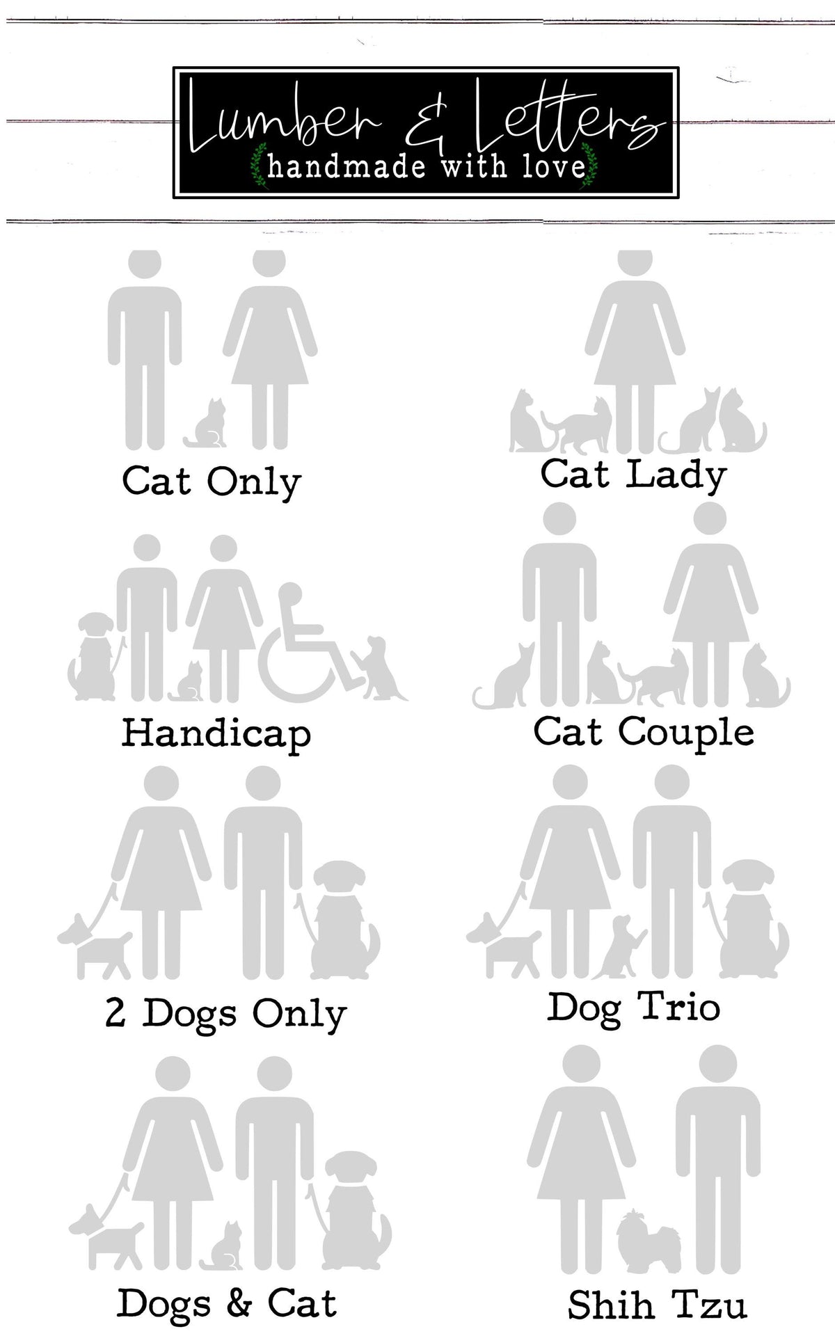 Acrylic restroom sign style options chart with cat and dog silhouette layouts