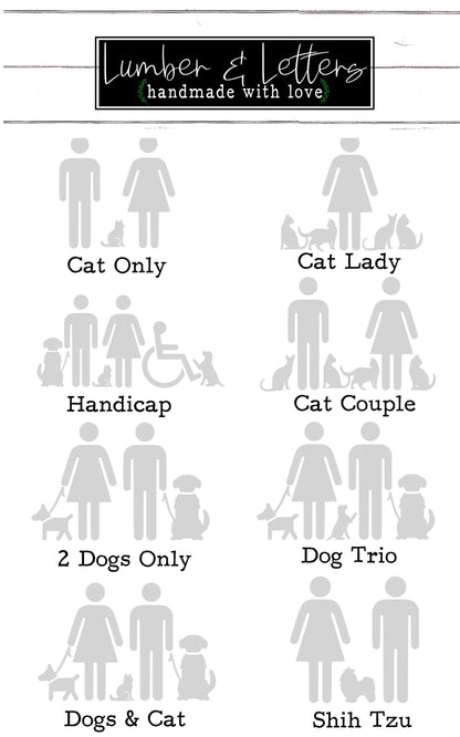Acrylic restroom sign style options chart with cat and dog silhouette layouts