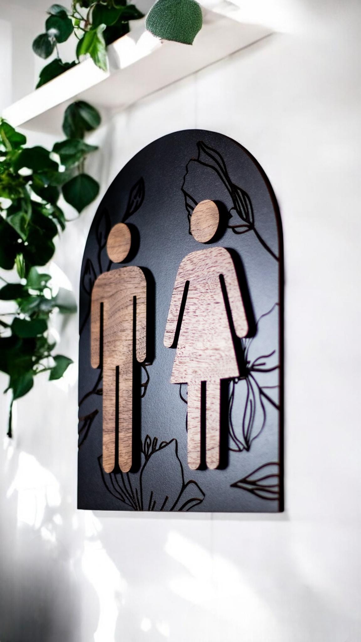 Modern Arch Floral Engraved Restroom Sign
