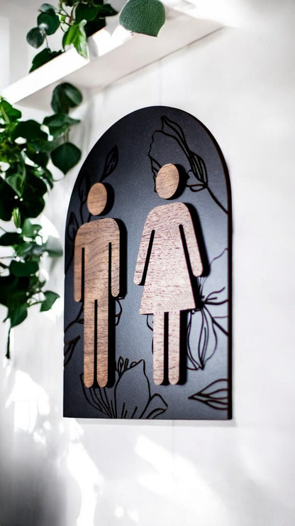 Modern Arch Floral Engraved Restroom Sign