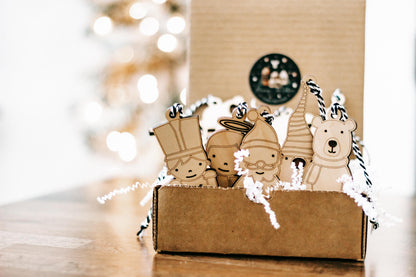 Set of 10 wooden character Christmas tree ornaments with rope hangers, mixed animal and nutcracker