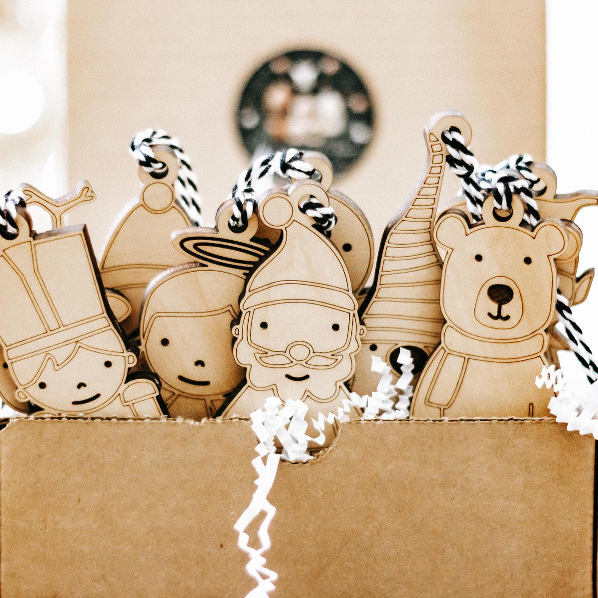 Set of 10 wooden character Christmas tree ornaments with rope hangers, animal and nut designs