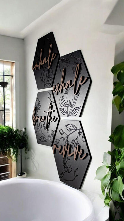 Lux Floral Engraved Hexagon Wooden Wall Art Set