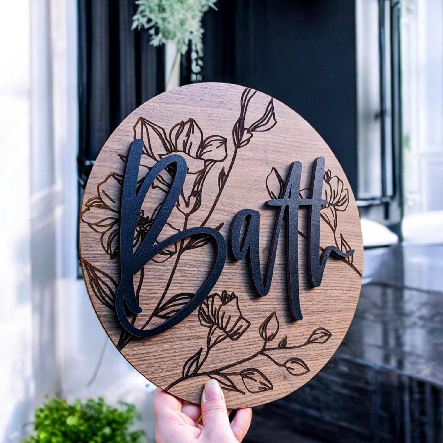 Engraved Floral Bath Sign