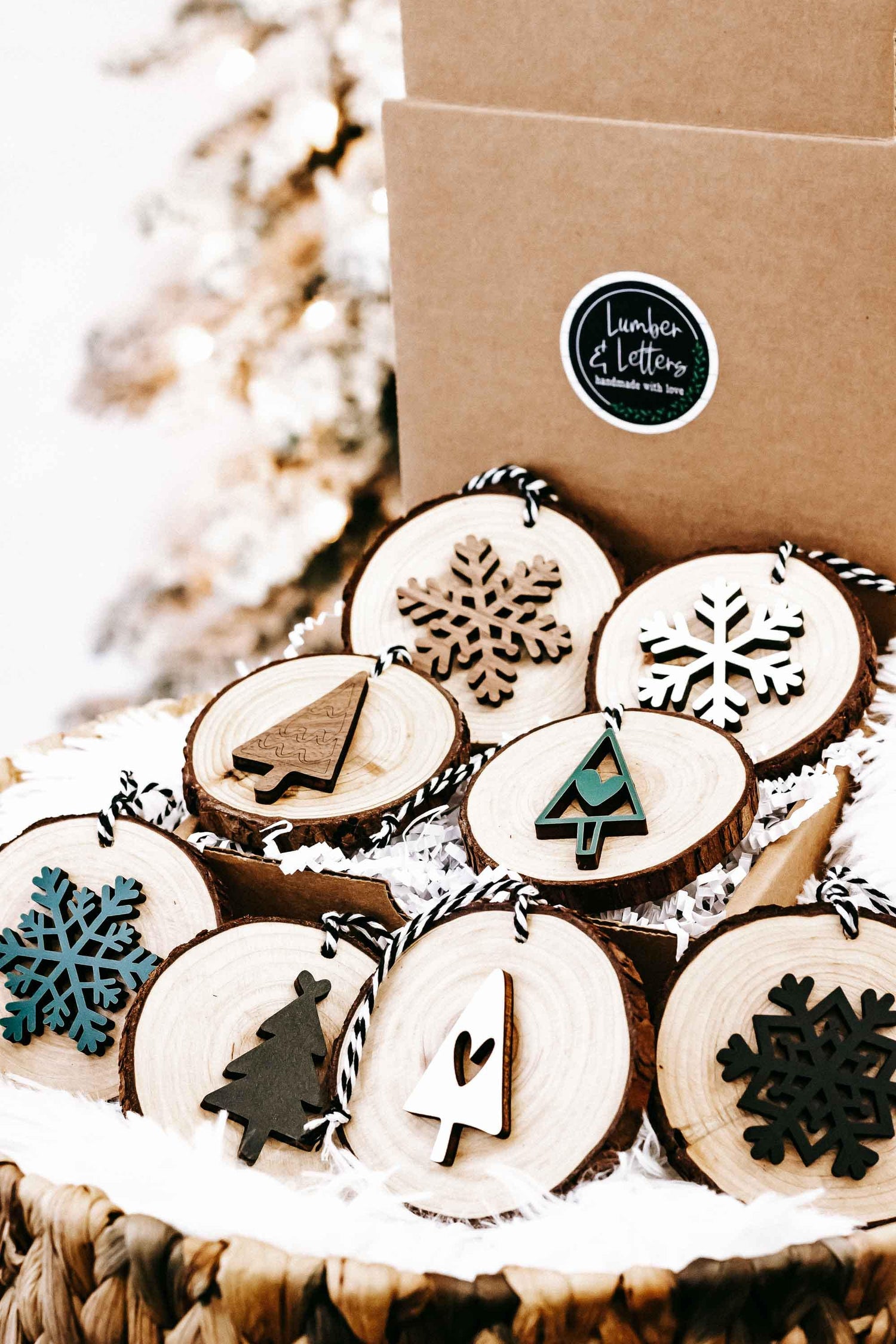 Wood slice ornaments set of 8 with snowflakes, trees, and string loops in box