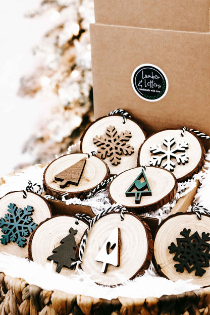Wood slice ornaments set of 8 with snowflakes, trees, and string loops in box