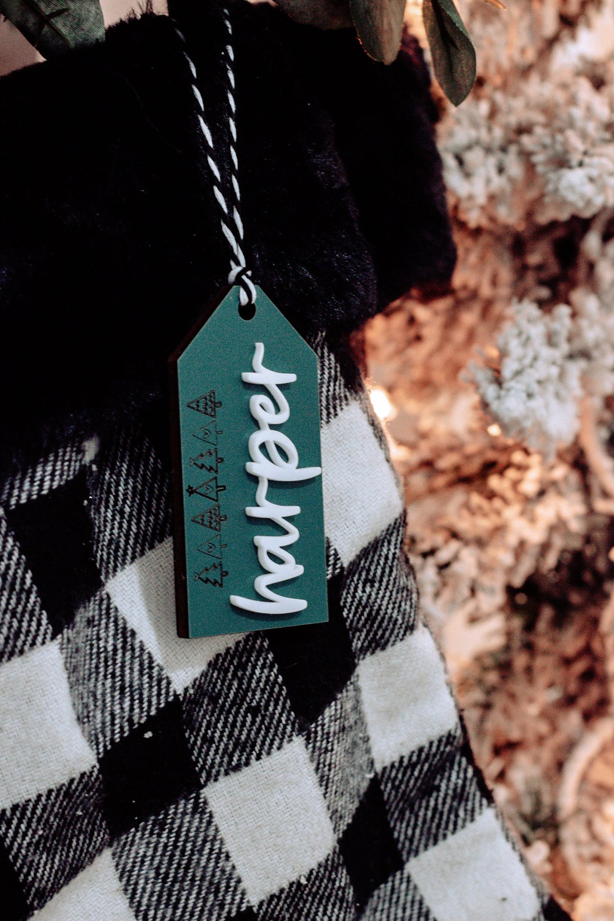Close-up of teal stocking tag with white name &