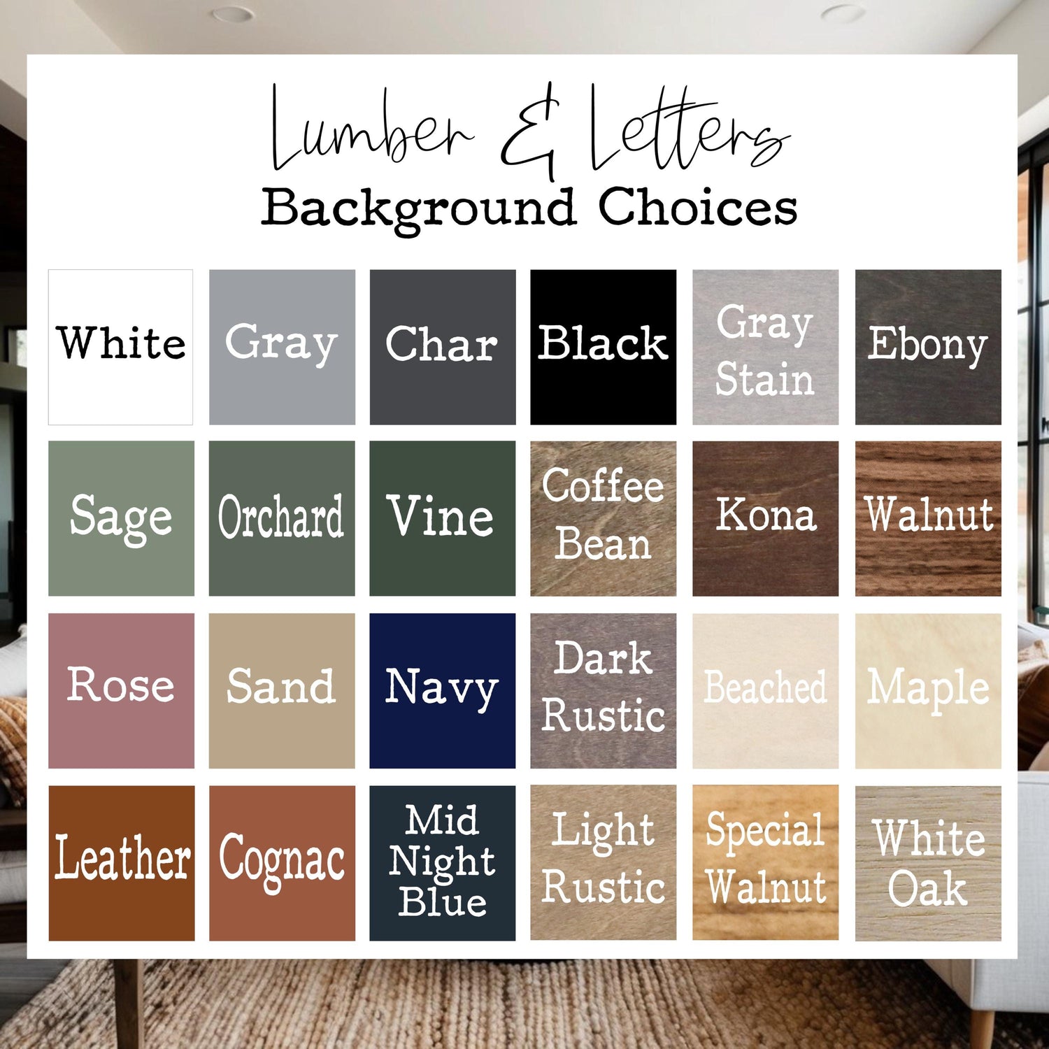 Door label sign color chart showing multiple background stain and paint shades